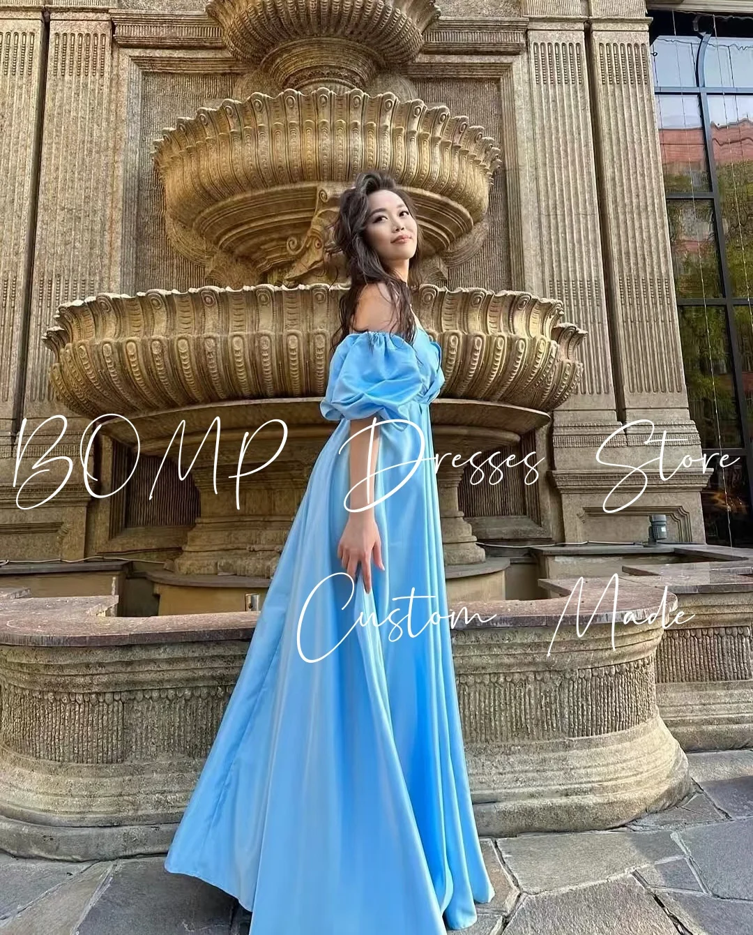 

BOMP синее свадебное платье принцессы с открытыми плечами и пышными рукавами, плиссированное атласное вечернее платье для особых случаев, дня рождения по индивидуальному заказу