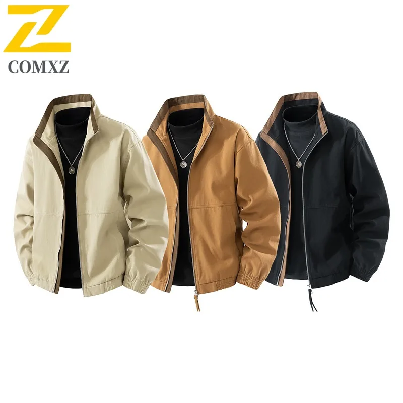 

COMXZ 2025 Мужская куртка с воротником-стойкой, свободная ветровка, модная легкая однотонная толстовка для спорта на открытом воздухе, весенне-осеннее пальто