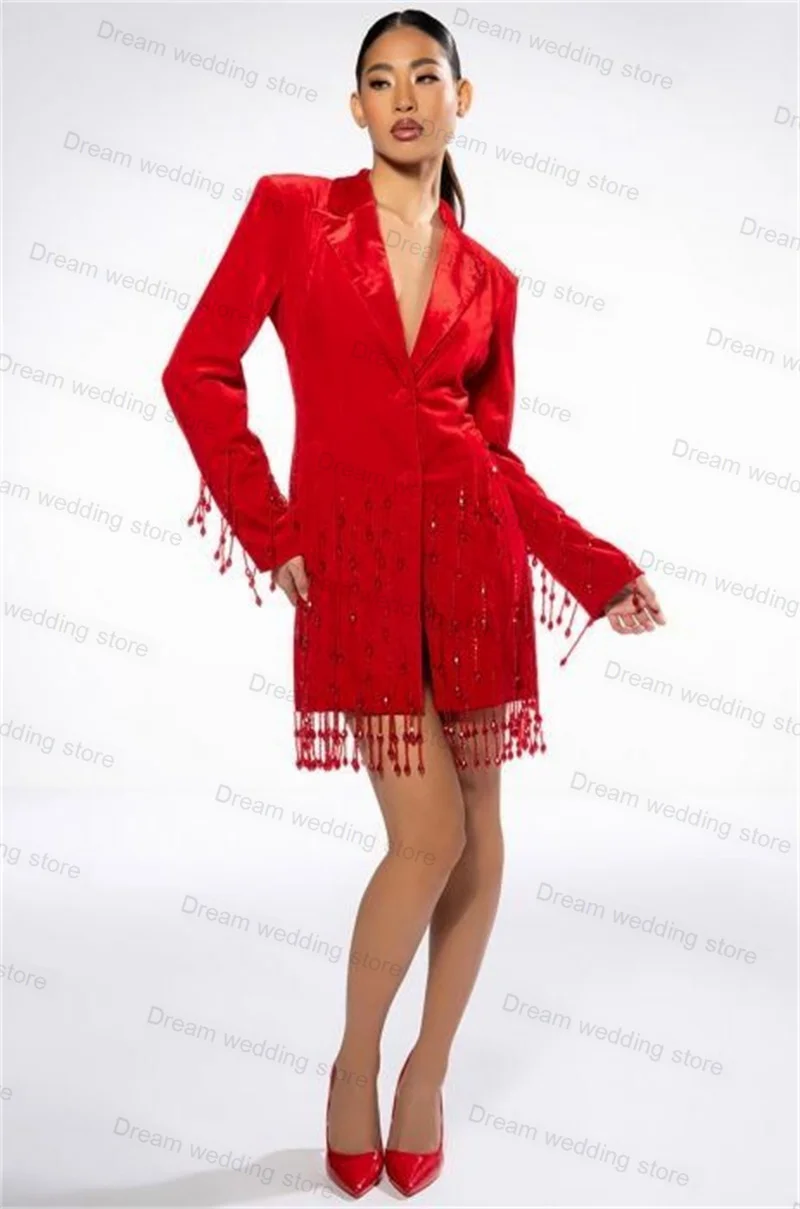 Red Velvet Luxury Women Suit Blazer 1 Piece Crystals Long Jacket Custom Made Wedding Prom Dress Formal Office Lady Female Coat