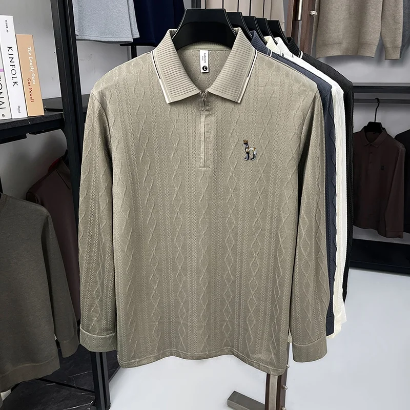 Hochwertiges Herren-Poloshirt mit Stickerei-Print, einfarbig, Jacquard, langärmelig, halber Reißverschluss, Kragen-T-Shirt, lässige Mode für Herren. – Detail 10