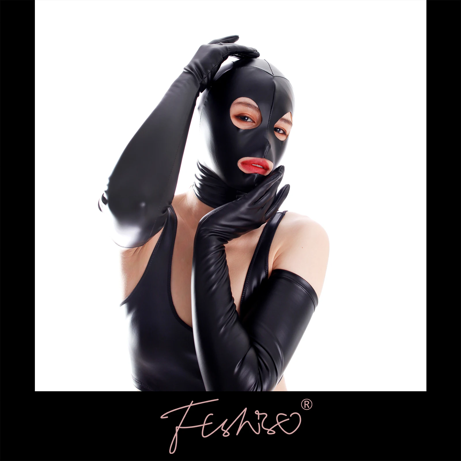 

Ftshist Wet Look Headgear Full Face Faux Leather Zipper Face Hood Matte Black Gloss Cosplay Costume Accessory SM Masked Fetish