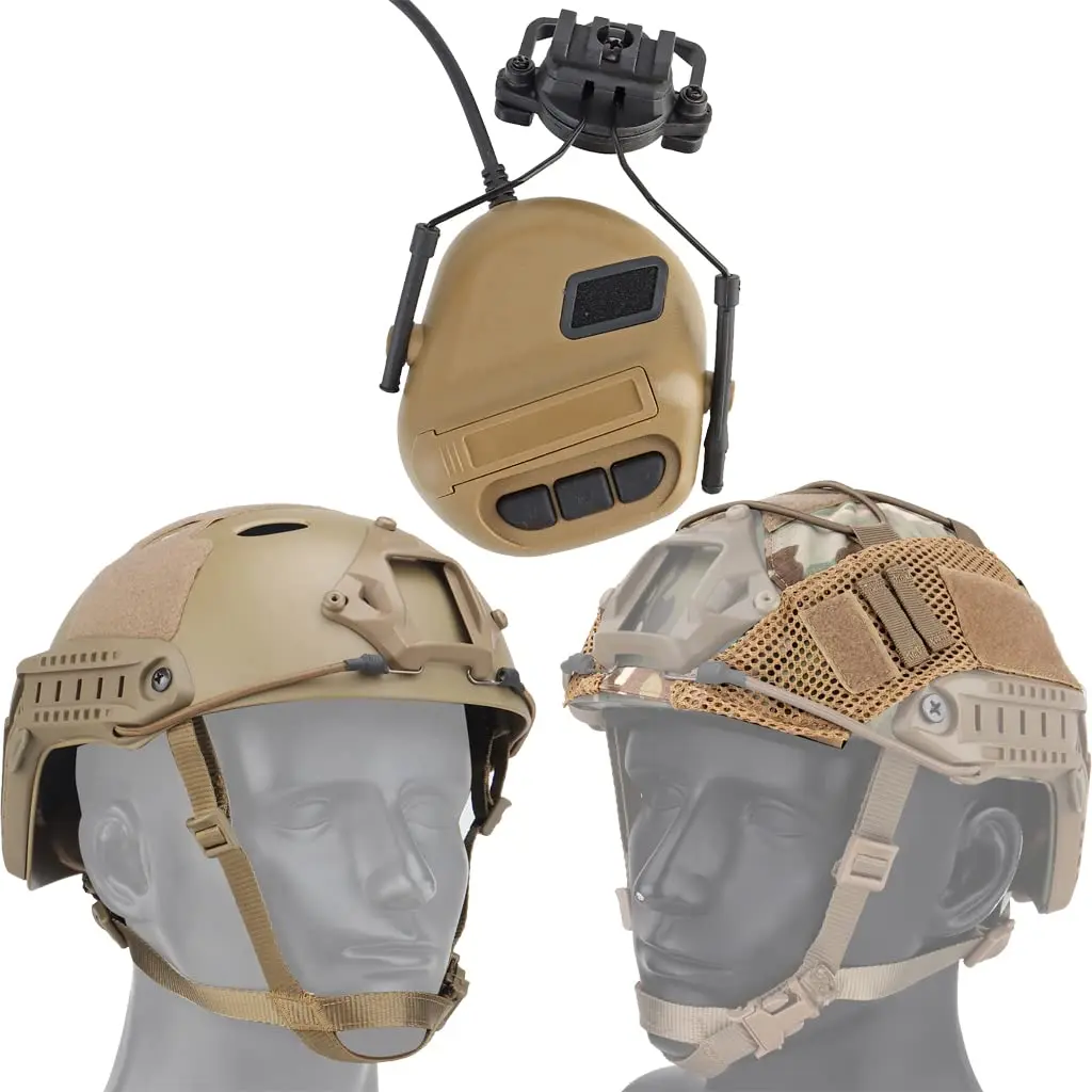 Tactical Airsoft Helmet Set, with Side Rails Military Headset & Camouflage Helmet Cover Paintball Combat Hunting Protective Gear