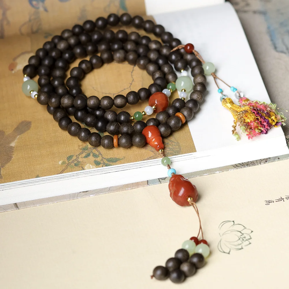 White Agarwood Multi-Strand Prayer Bead Bracelet with South Red Agate Pixiu Figurine New Chinese-Style Necklace for Women