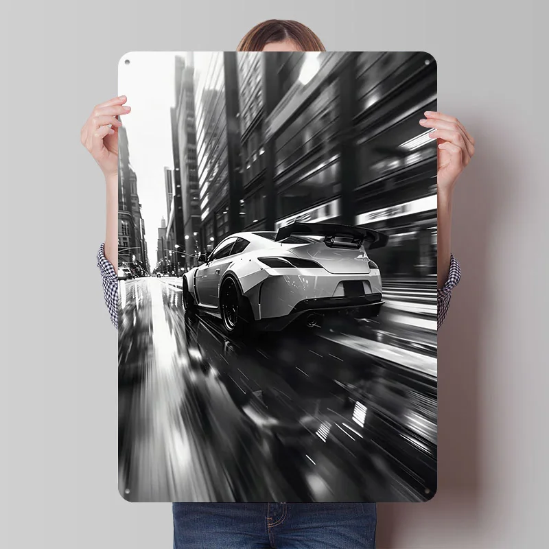 Weißes Sportwagen-Metallposter für die Stadt: Personalisierte Retro-Vintage-Blechschilder für Garage und Heimdekoration
