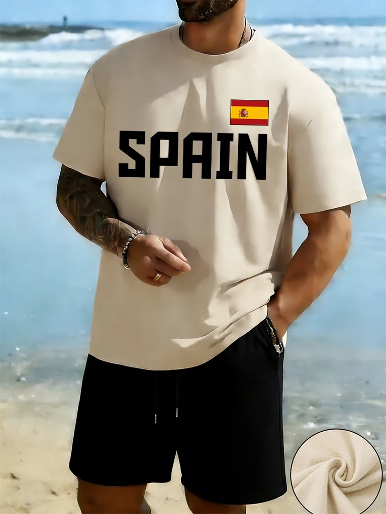 

Spain Letter National Flag Printed Cotton Breathable Street Clothing Summer Simple T Shirt For Man Sets Pocket Loose Shorts