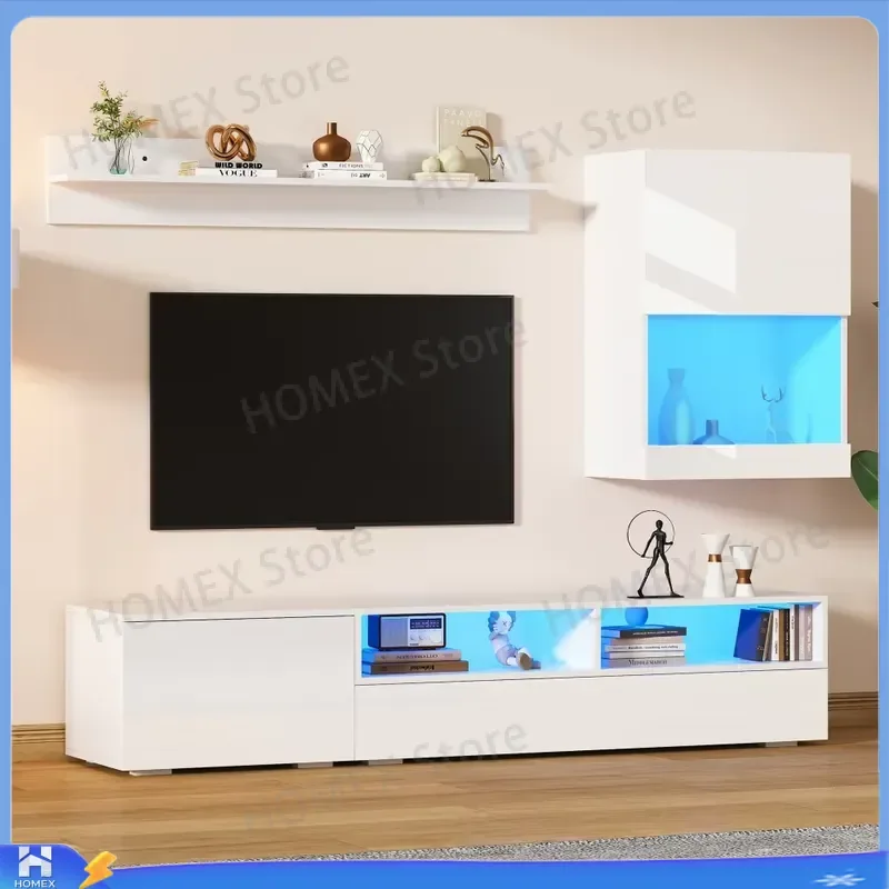 3 Piece TV Wall Unit Set High Gloss White Entertainment Center with LED Lights Display Cabinet Wall Shelf for 80 Inch TV