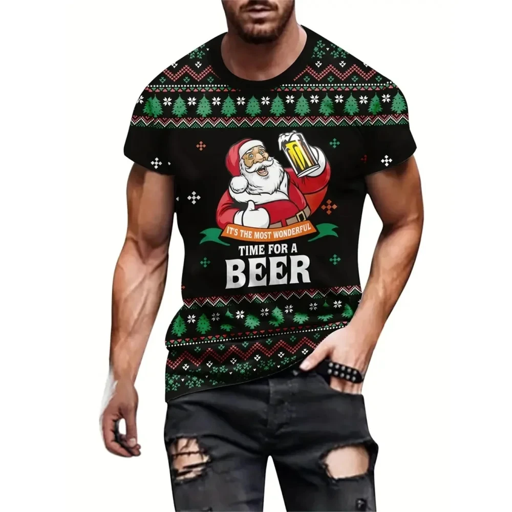 Santa Claus Print T Shirt For Men New Year Party Fashion Clothing Christmas Harajuku Short Sleeve O-neck Tops Oversized T-shirts