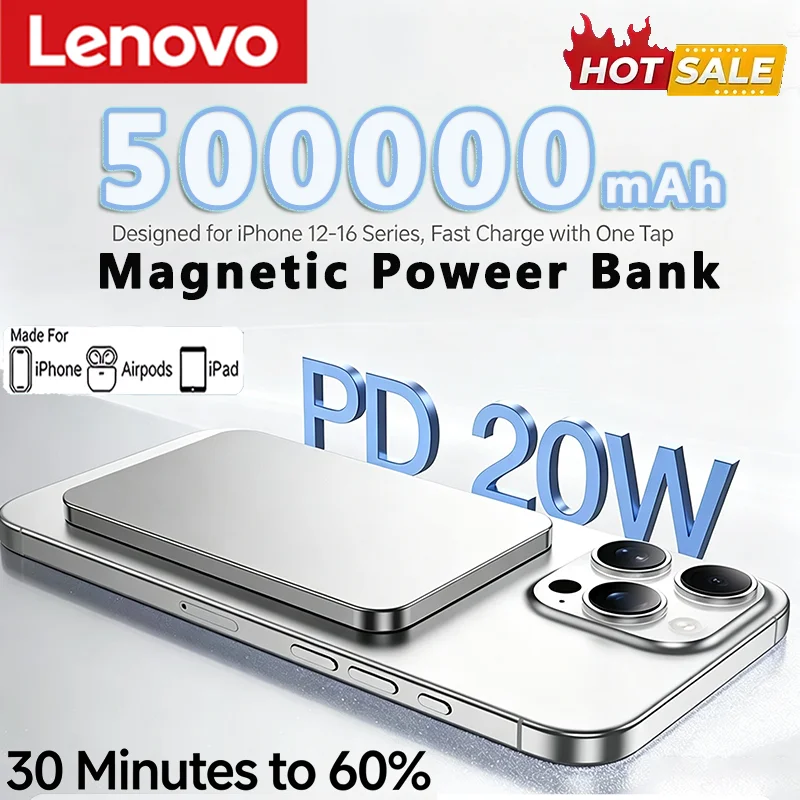 Lenovo Super Magnetic Wireless 보조배터리 500000mAh Power Bank for Magsafe PD22.5W Fast Charging External Battery For iPhone Samsung