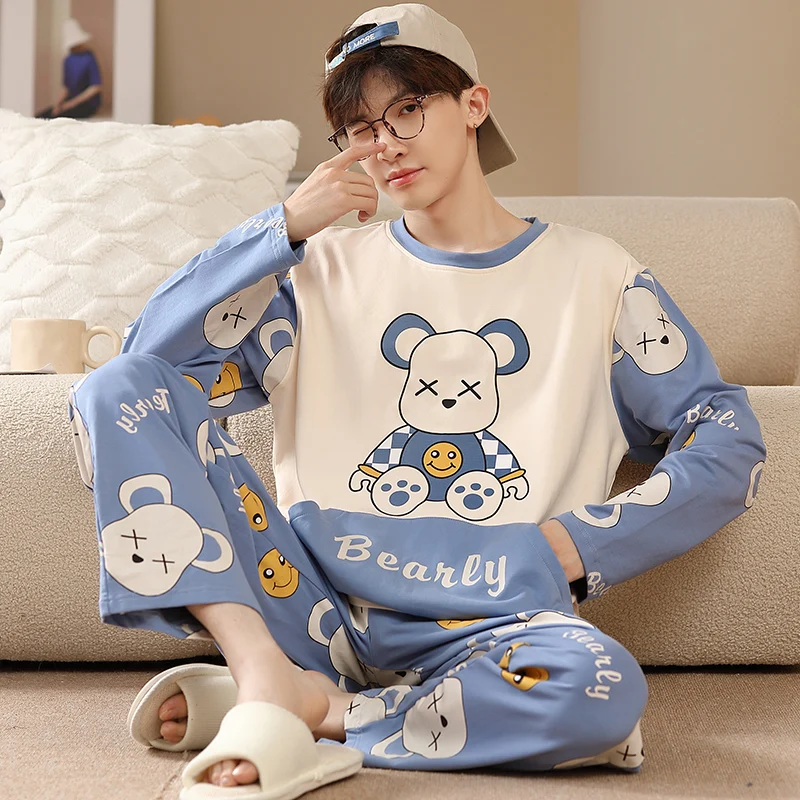 Spring Long Sleeves Sleeping Tops Trousers Nightwear For Men Cotton Pijamas Suit Male Cartoon Casual Home Clothes Pjs Homme