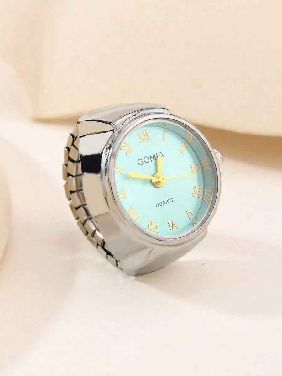 Reloj de anillo de acero inoxidable ajustable con esfera azul menta para mujer, números romanos dorados, movimiento de cuarzo, accesorio de joyería de moda