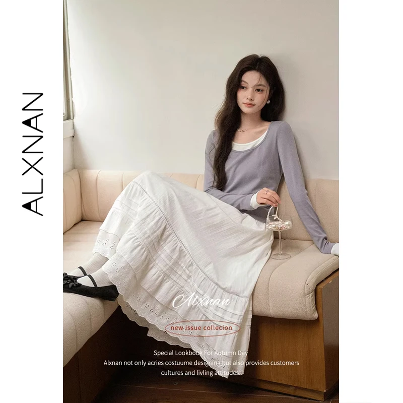 ALXNAN 女性のスカート白ロング刺繍綿 100% スカートエレガントな弾性ウエストルーズフィット女性服 L52990