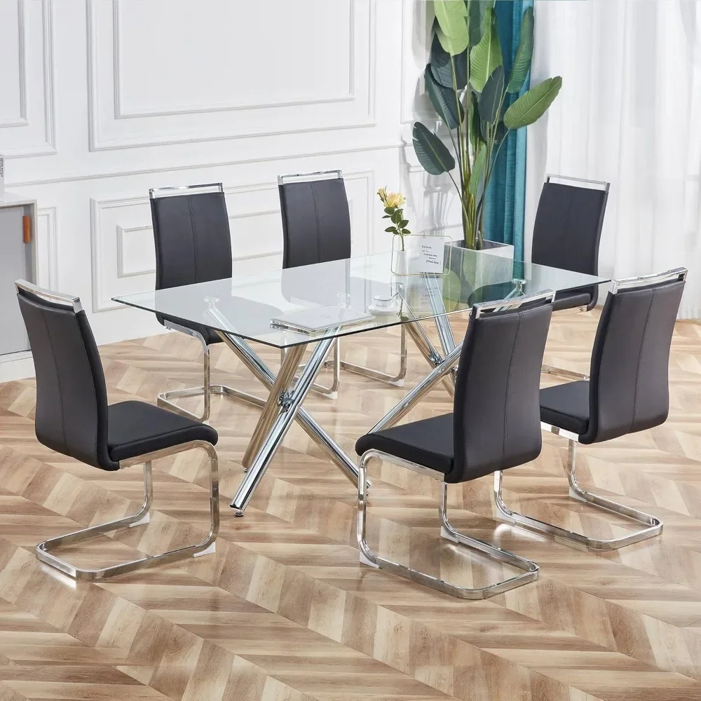 Modern Leather Dining Chairs Set of 6,Padded Seat and Sturdy Chrome Legs for Dining Room, Kitchen (Set of 6, Black+ PU Leather)