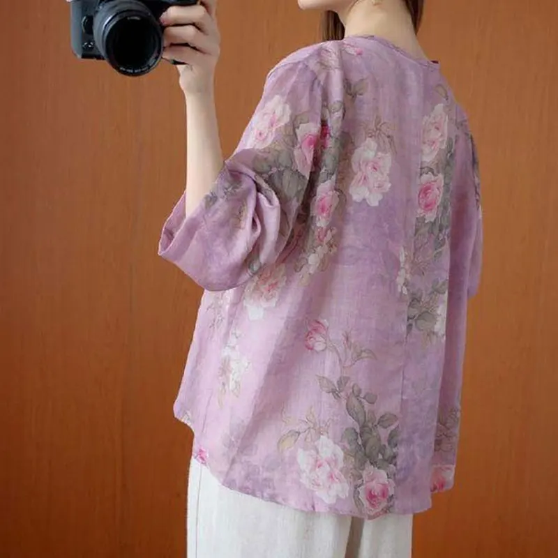 Folk Vintage Flowers Printed Shirt Fashion Chinese Disc Buckle Asymmetrical Female Spring Summer Casual Loose Half Sleeve Blouse