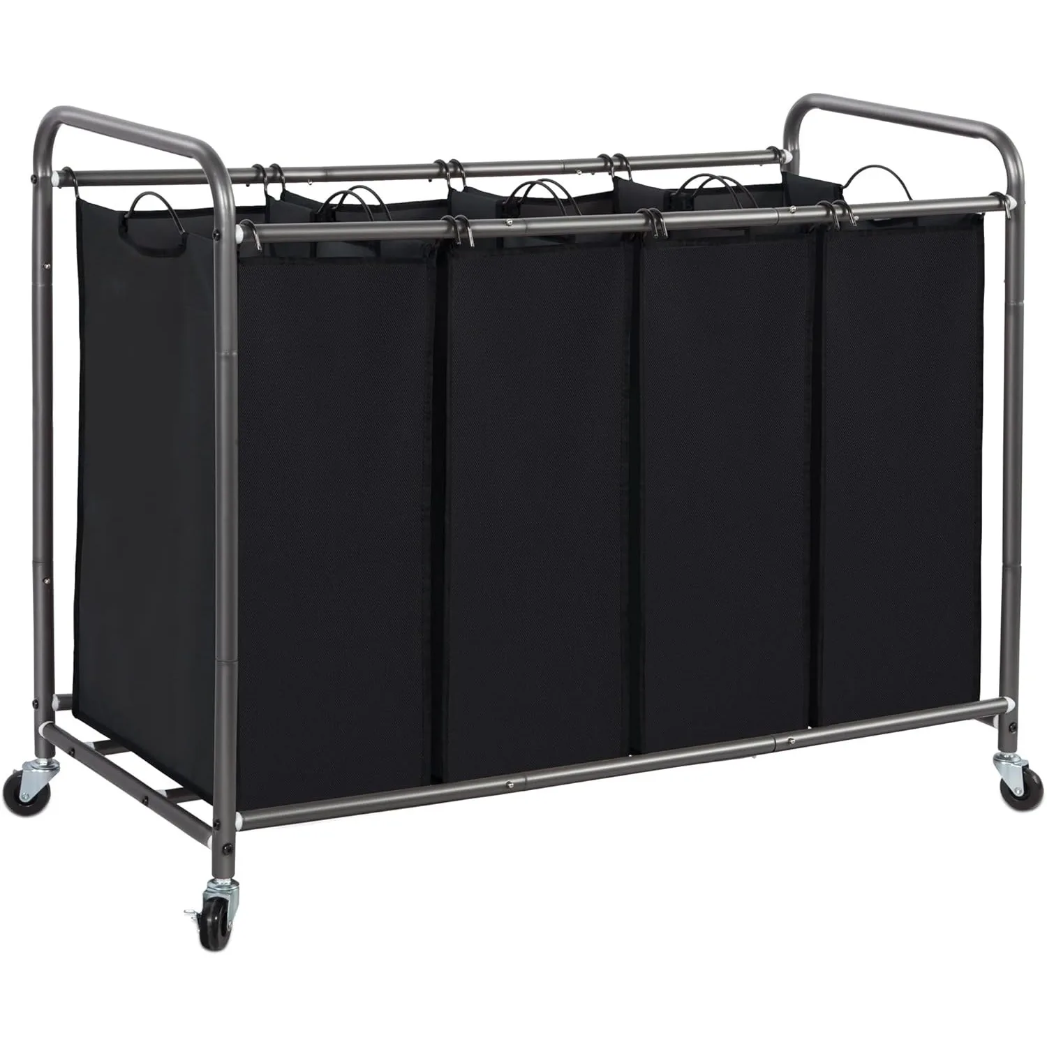 

Laundry Sorter 4 Section, Hamper with Wheels and Removable Bags, Black