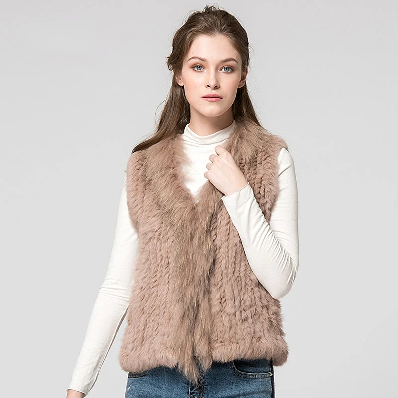 VT7008 Womens Natural Real Rabbit Fur Vest With Raccoon Fur Collar Waist Coat Knitted Winter Jacket