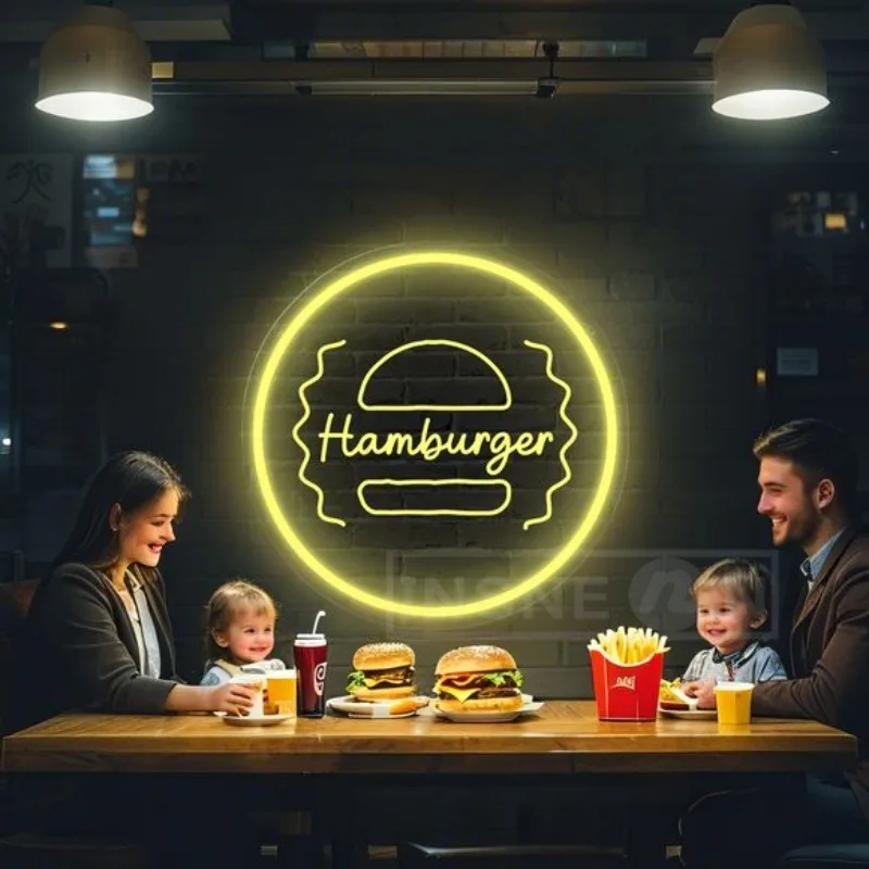 Customizable Hamburger Neon Sign Lights USB-Powered LED Wall Decor Engravable Letters Durable Light for Holiday Gifts & Decor