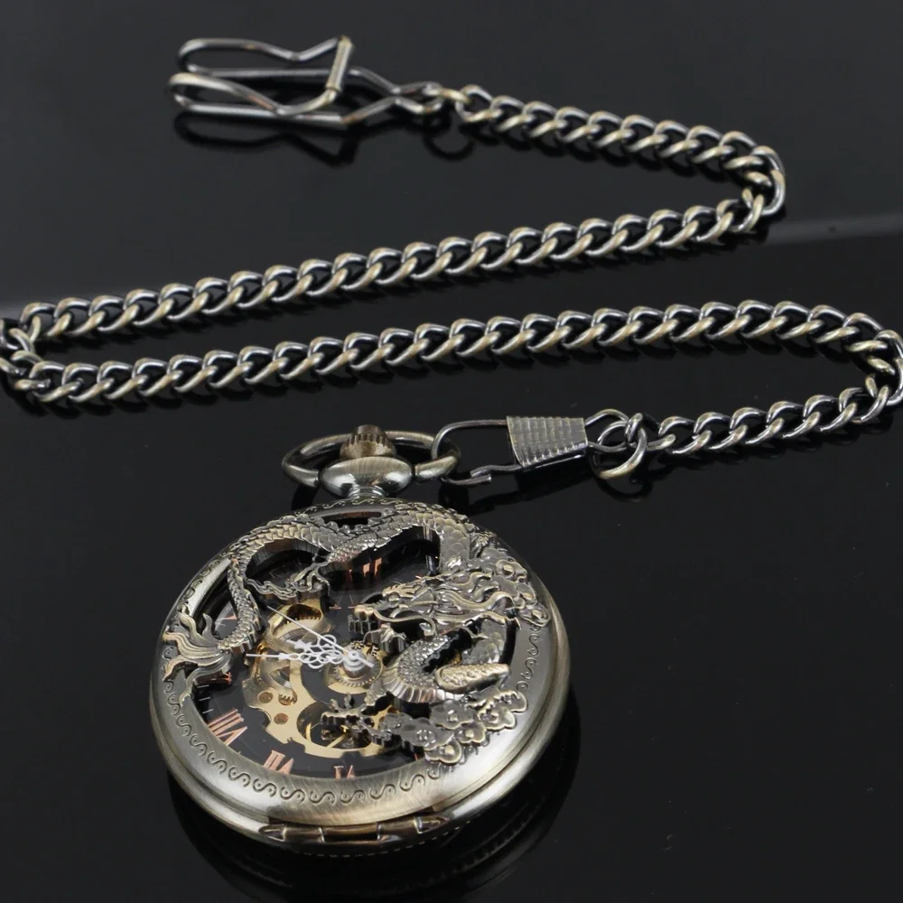 

Bronze Hollow Dragon Design Half Hunter Mechanical Pocket Watch Cool Antique Pendant Manual Mechanism Pocket Clock Gift Male