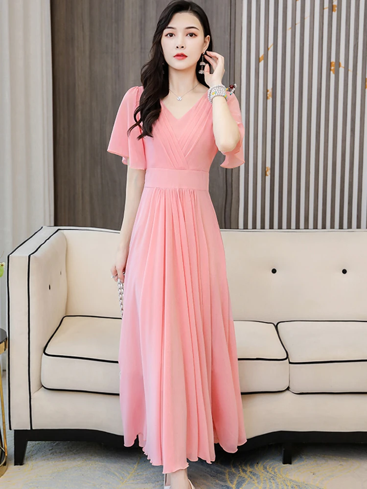 Korean Solid Chiffon Short Sleeve V-Neck Maxi Dress 2024 Summer Pink Luxury  Party Midi Dress Women Elegant Chic Prom Night Dress - AliExpress 200000345