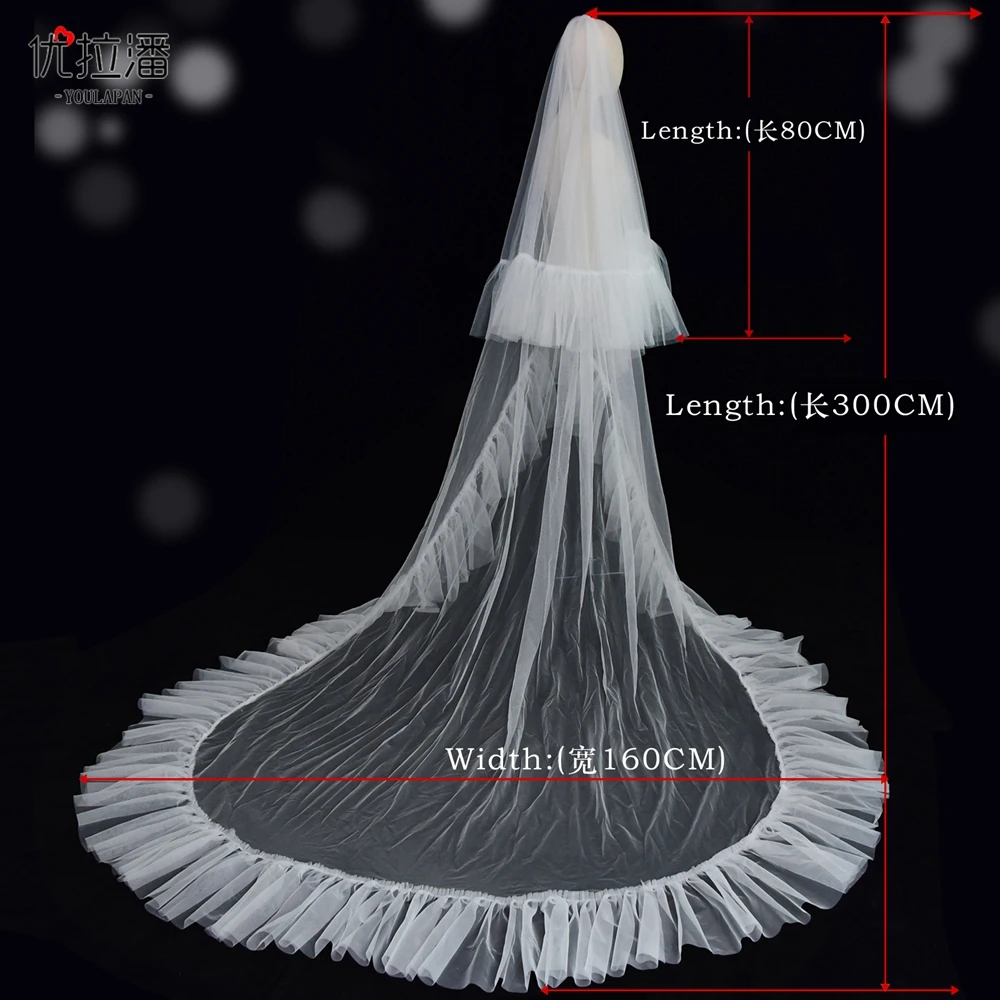 TOPQUEEN V117 Pearls Wedding Veil 2 layers Bridal Veils Cover Face Ruffled Pleated Cathedral Drop Veil Removable Bridal Tail