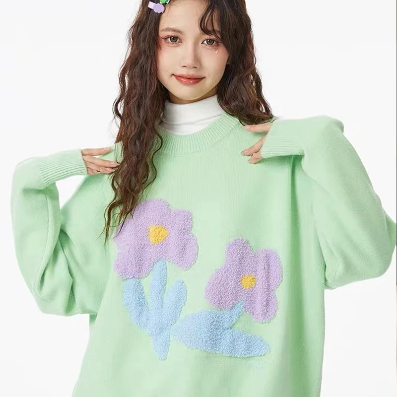 

Vintage Knit Pullover Slight Strech O-neck Prairie Chic Flowers Loose Design Embroidery Sweater Women