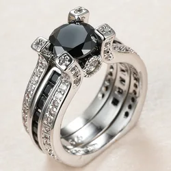 Classic Couple Lab Black Diamond Ring Set 925 Sterling Silver Wedding Band Rings for Women Engagement Promise Party Jewelry