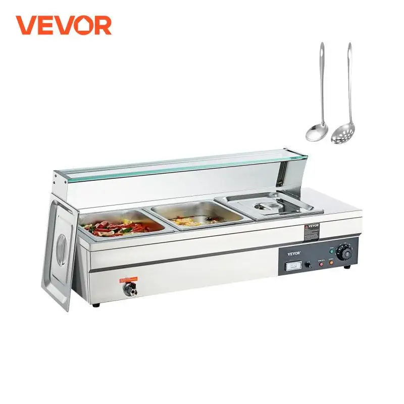 VEVOR 3-Pan Commercial Food Warmer 3x12QT Electric with Tempered Glass Cover 1500W Countertop Stainles Steel for Catering Silver