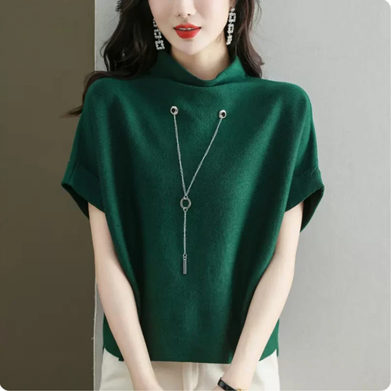 Qingdao primavera verão novo solto batwing sve malha ort sve camiseta feminina f gola alta casual faion básico sle