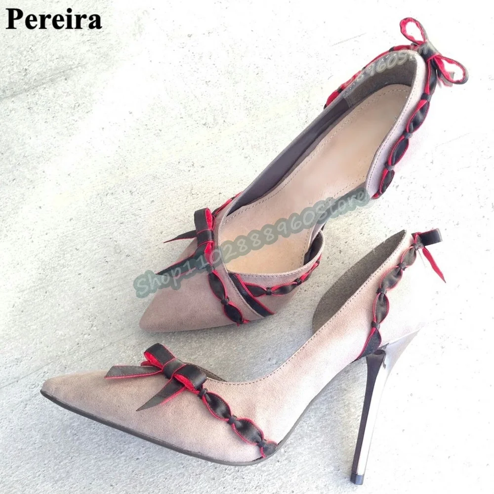

Повседневные замшевые туфли-лодочки в полоску с неглубоким бантом, женская обувь на шпильке, женская обувь без шнуровки с острым носком, стильные вечерние туфли Zapatos Para Mujer