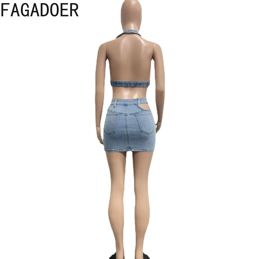 FAGADOER Light Blue Sexy Denim Backless Bodycon Two Piece Sets Women Deep V Sleevless Halter Crop Top+Skirts Outfits Streetwear