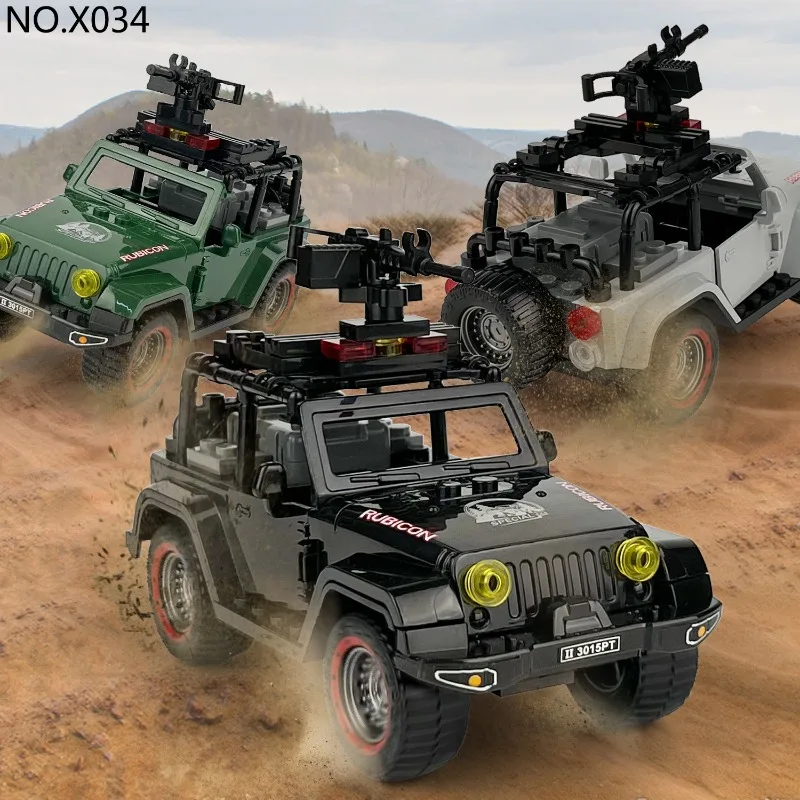 3 Militär-Jeep-Bausteine, kleine DIY-Modellbausätze für geländegängige Militärfahrzeuge mit Maschinengewehren, Geburtstagsgeschenke.