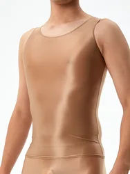Fashion Sexy Oil Glossy Shiny Silky Smooth Round Neck Large Size Vest Unisex High Elastic Ultra Thin Slim Short Top H078