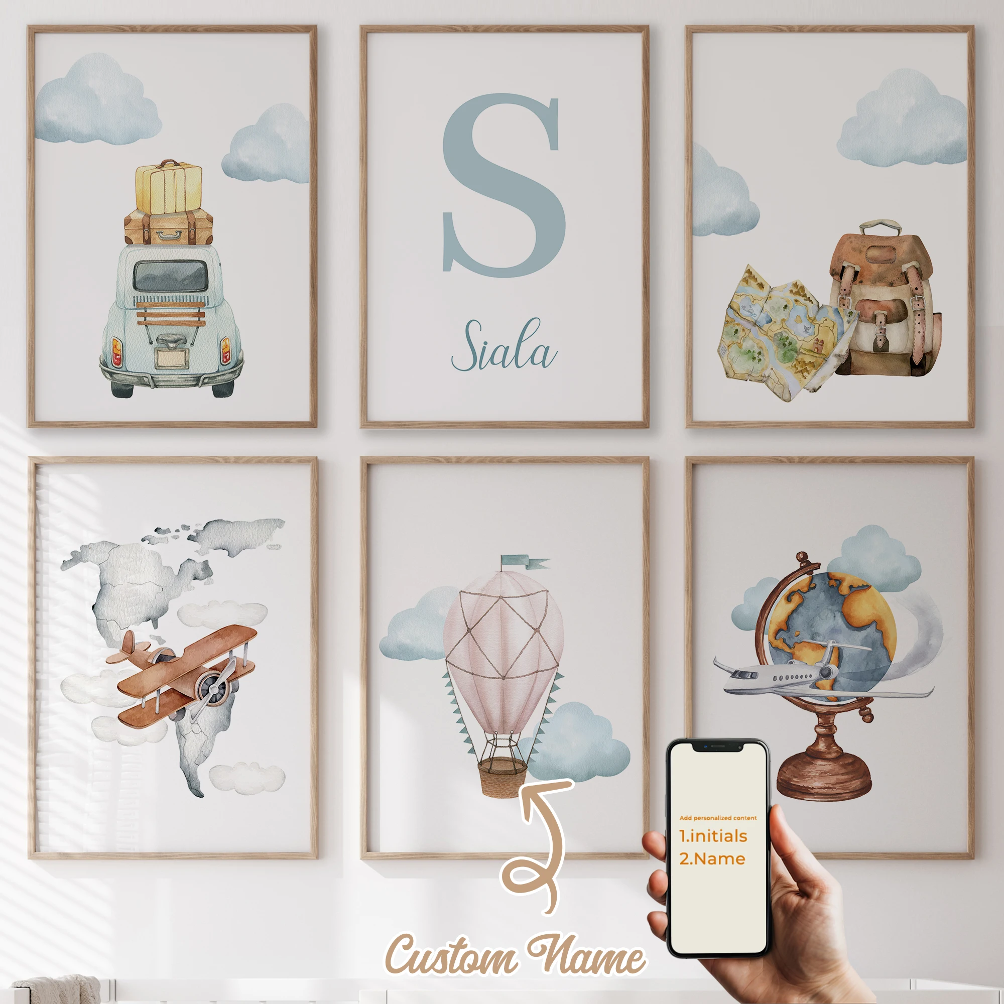 

3Pcs/6pcs Personalized Custom Name Cute Cartoon Traveler Wall Art Print Picture For Living Room Kids Boy Room Home Decor Gift