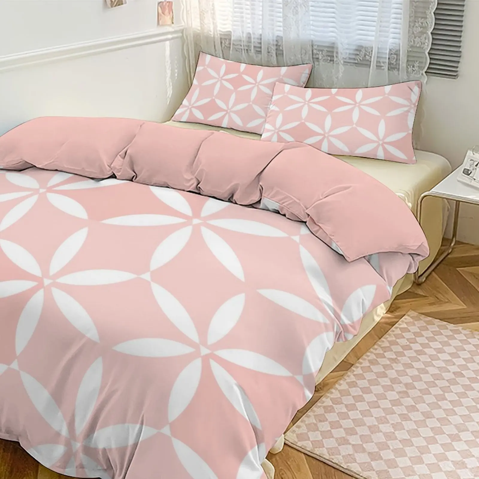 

Soft Pink Petal Check Bedding Set, Brushed Skin - Friendly, For Home Bedroom/Girl’s Room Vibe, Ideal Gift