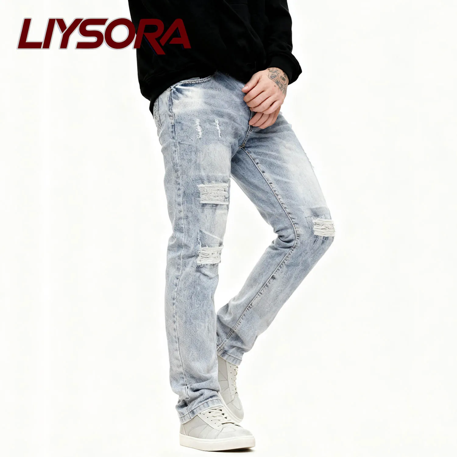 جديد الرجال مايكرو مطاطا مستقيم الساق الدنيم السراويل نحيل رجال الأعمال السراويل سستة المألوف تنوعا الجينز ممزق الدينيم