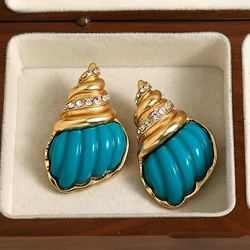 AENSOA Vintage Blue Resin Conch Shaped Drop Earrings for Women Gold Color Metal Rhinestone Shell Earring Vacation Party Jewelry