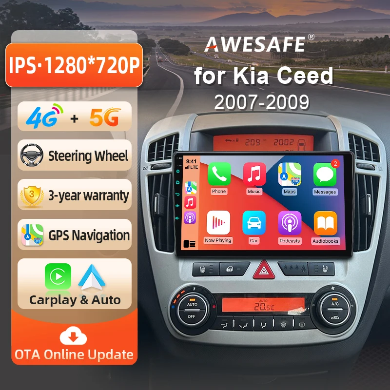 AWESAFE Radio Android 9 pouces pour KIA CEED 2007-2012, CarPlay et Android Auto sans fil, navigation GPS, support multimédia, commande au volant, amplificateur de subwoofer, caméra arrière, prise EU, Plug and Play, DAB+, autoradio numérique 2 DIN, stéréo RDS DSP FM WIFI 4G BT