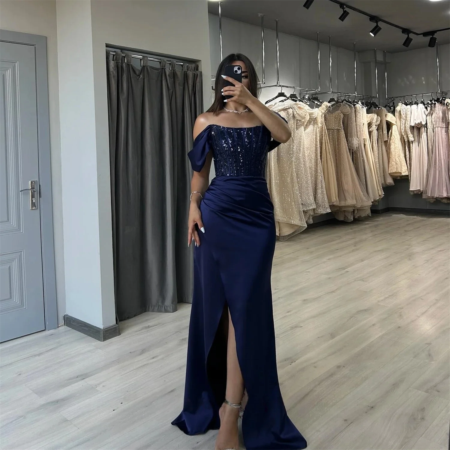 

Blue Slit Sequins Long Bespoke Occasion Gown Evening Dresses Pastrol Unisex Jersey Retro Dubai Saudi Arabic Prom Customized