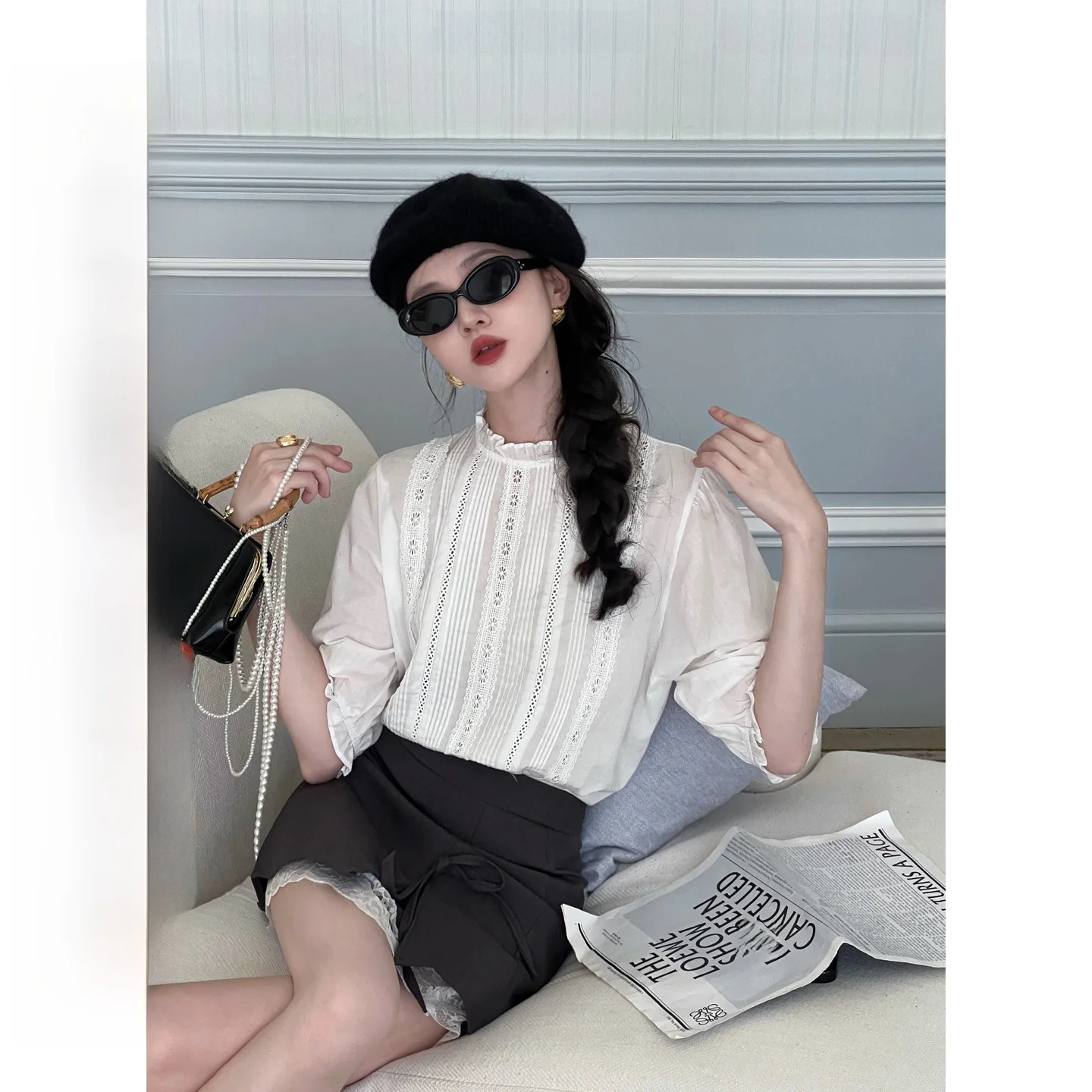 

Onepire Austin Miss 00% Pure Cotton Hepburn Sle Heavy Embroidery Ruffle irt Women's Casual Fit Breathable Summer Top