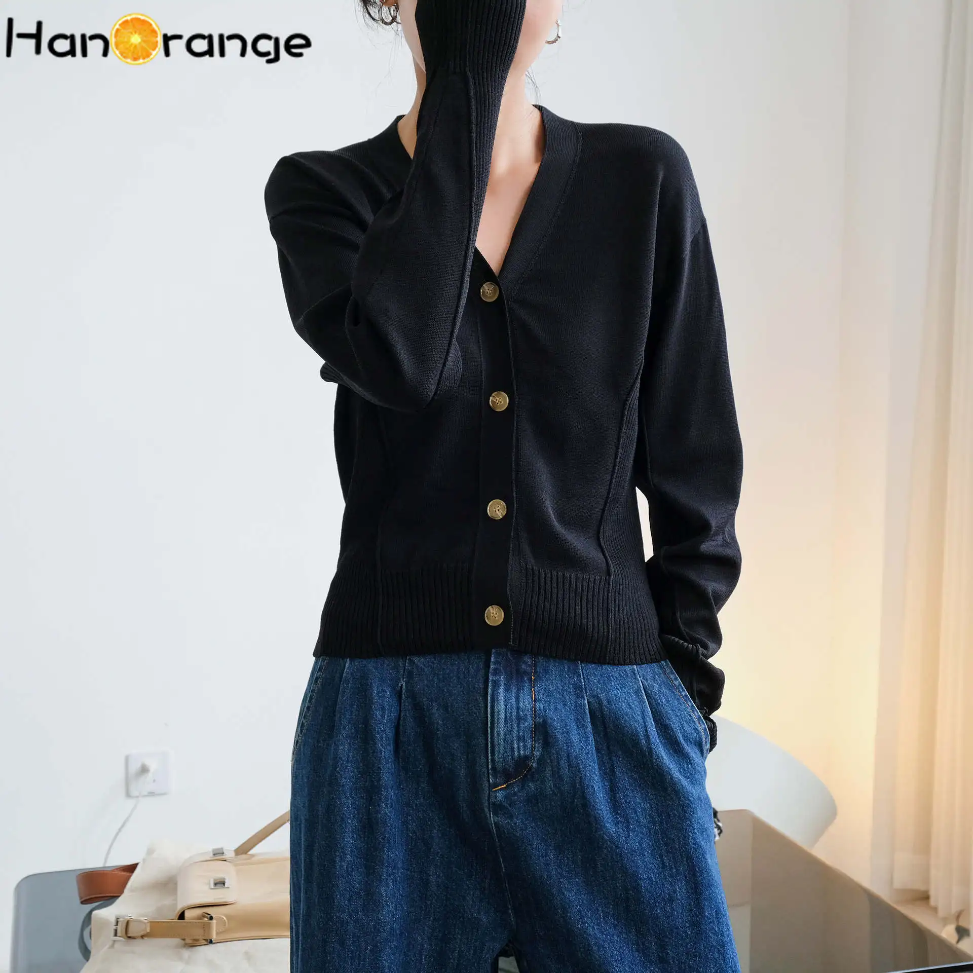 HanOrange Stitching V-neck Knitted Cardigan Women Spring Autumn Loose Long-sleeved Top Female French Design Sense