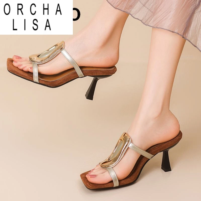 

ORCHA LISA 2025 Новый дизайн Женские сандалии Квадратный носок Тонкие каблуки 6 см Слипоны Мюли Металлическое украшение Смешанный большой размер 45 46 47 48