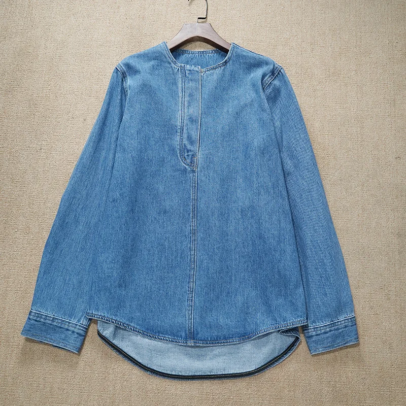 

2024 Spring New Vibrant Blue Collarless Twill Cotton Button Placket Denim Shirt