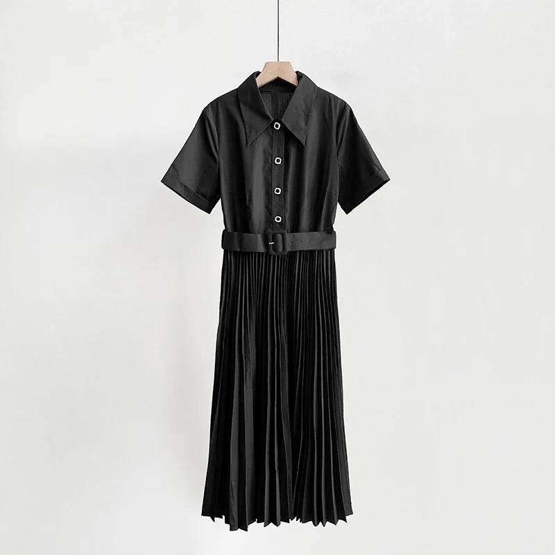 

Black Pleated Belted Short Sleeves Midi Shirt Dress UK 6-UK 14