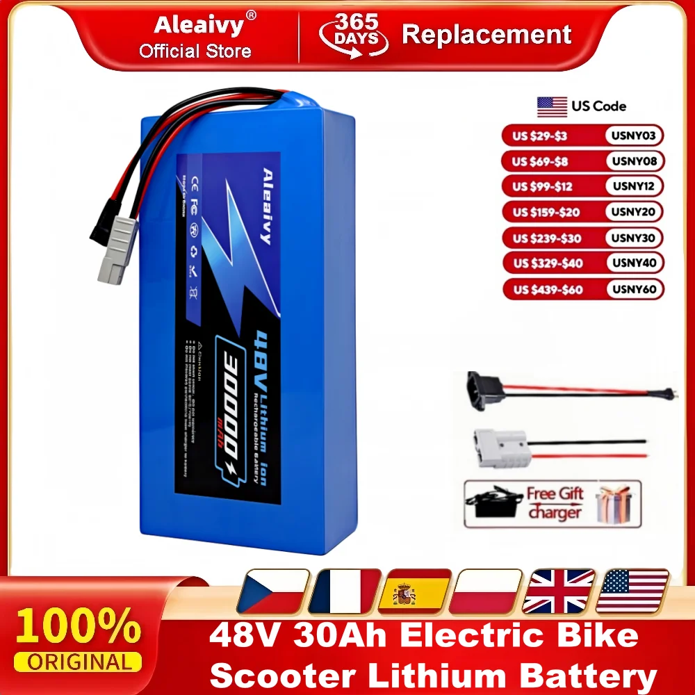 

Аккумулятор 48 В 21700 13S6P 30 Ач 50 А BMS для электрического велосипеда мощностью 250 Вт-2000 Вт, скутера и двигателя Bafang с зарядным устройством 5 А