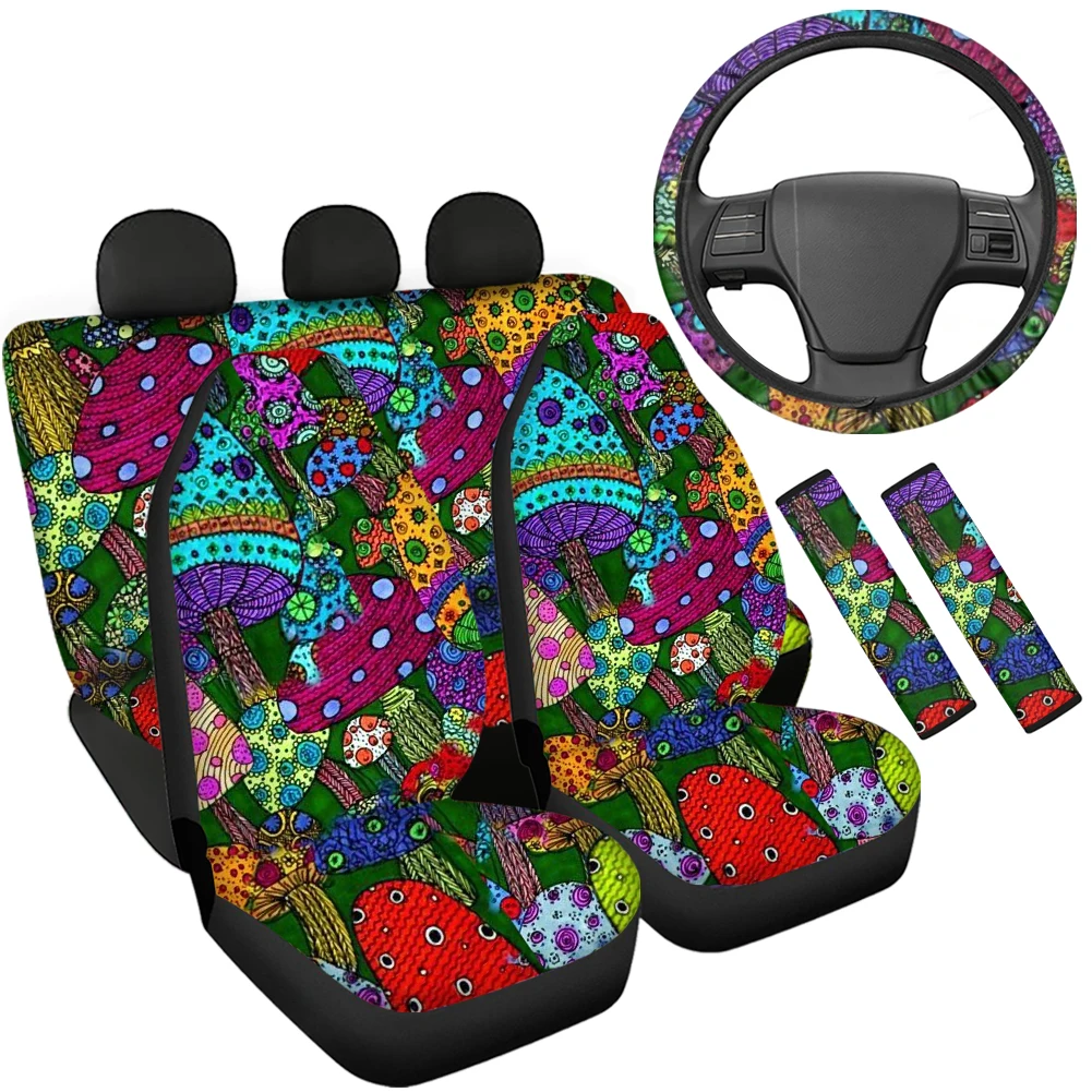 Front Back Car Seat Covers Magic Mushroom Printing Car Interior Elastic Seat Belt Cover Fashion Anti-Slip Steering Wheel Covers