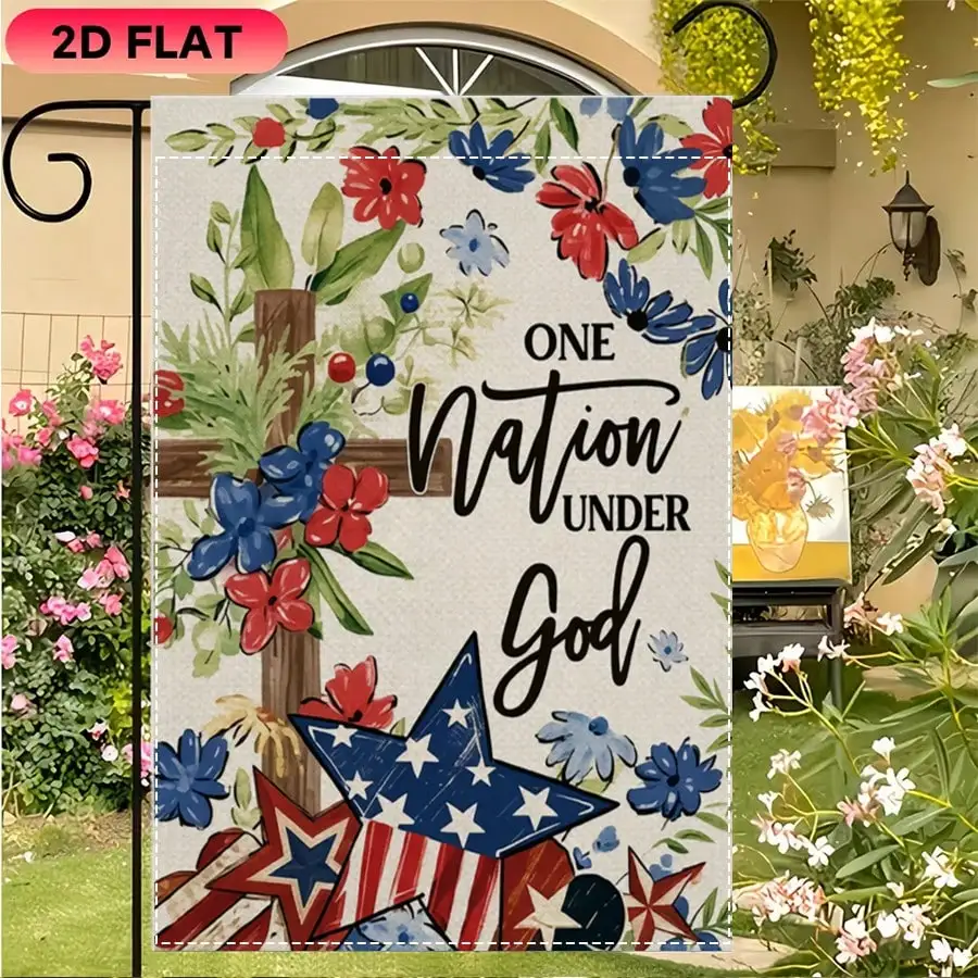 

2D Flat Patriotic Garden Flag One Nation Under God Floral Cross American Star Pattern Decorative Banner for Summer Shopping Season Outdoor Yard Lawn Patio Porch Farmhouse Home Holiday Party Decor