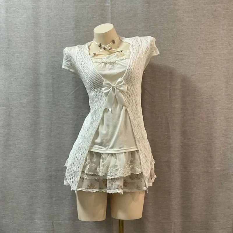 لوليتا الحلو أنيقة 2 قطعة مجموعات فساتين 2000s سليم قصيرة الأكمام صدرية مثير الدانتيل فستان بحزام Y2k Kawaii خمر الدعاوى شيك