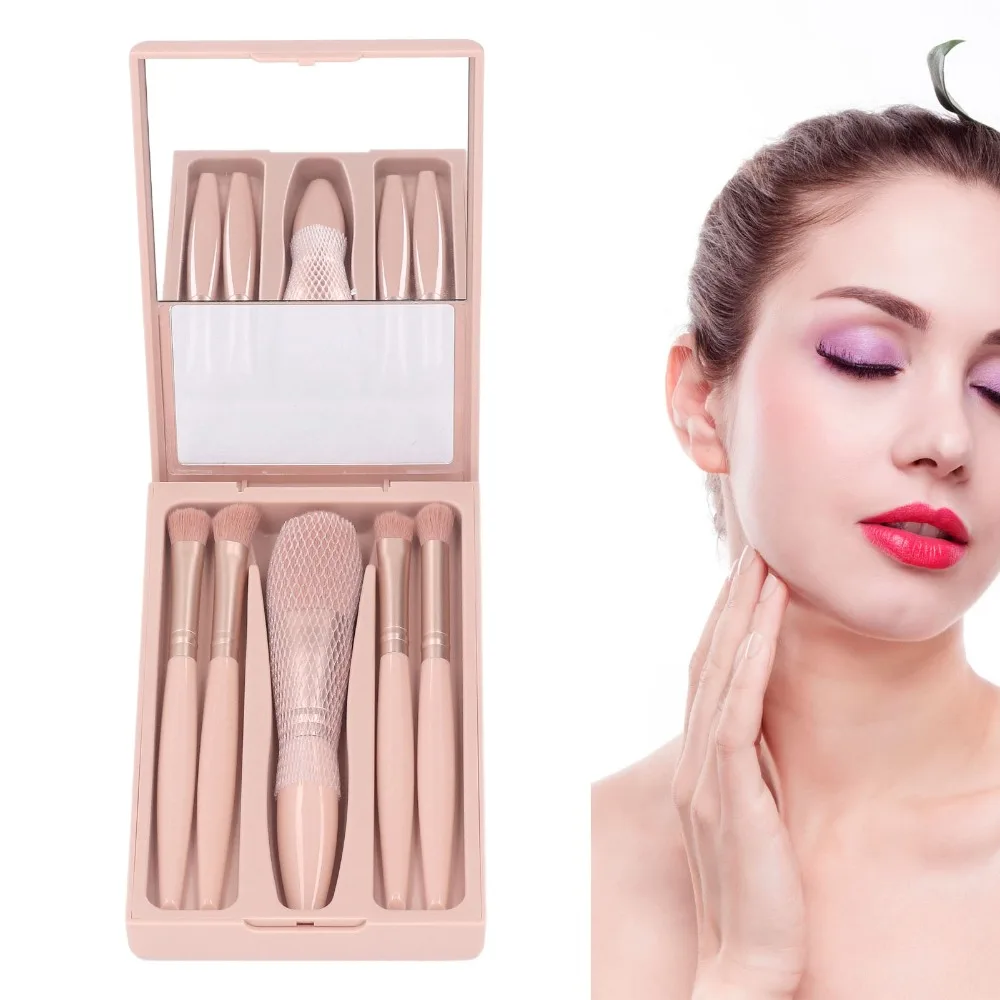 5Pcs Professional Portable Makeup Brush Set with Mirror Multifunctional Travel Case Mini Cosmetic Kit Outdoor