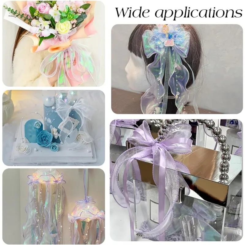 Nastro in chiffon cablato arcobaleno laser da 10 metri, nastro in organza iridescente pieghevole in gros-grain da 1-1/2 "per imballaggio di bouquet di fiori