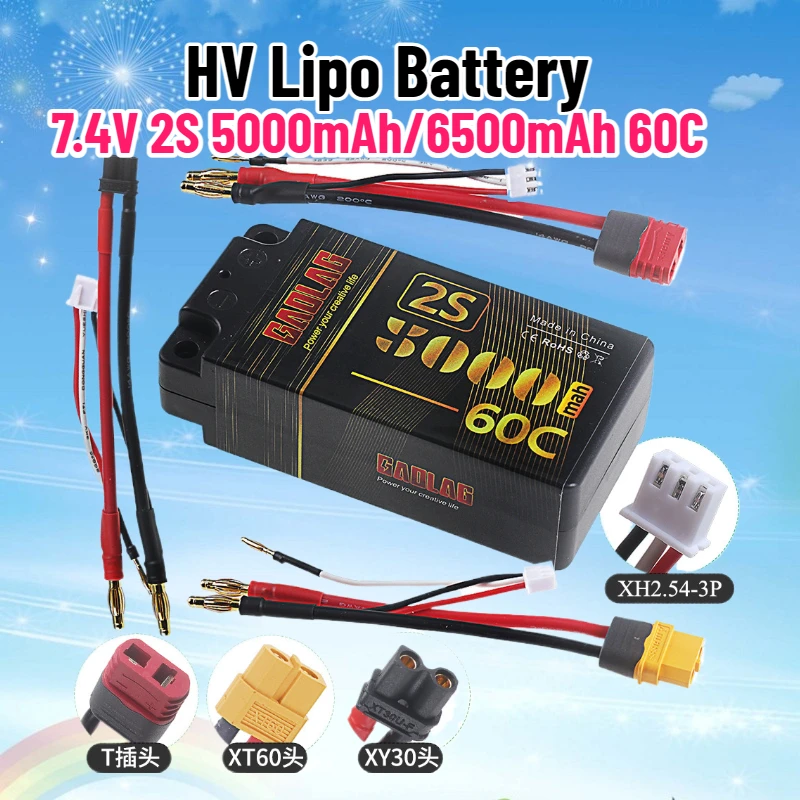 

7.4V 2S 5000mAh/6500mAh 60C HV Lipo Battery Compatible with 1/10 Remote Control Racing RC Model Tank Battery XT60/XT30/T Plug