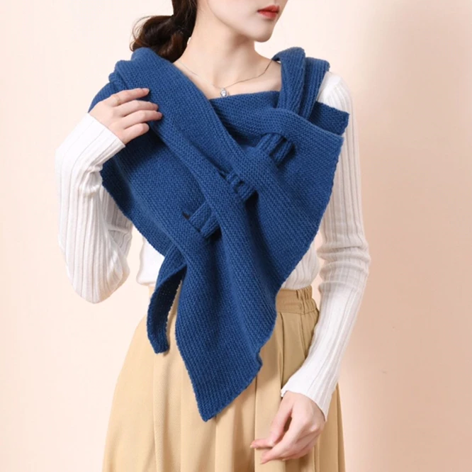 

Fashion Spring Autumn Knitted Shawl Women Crochet Shoulder Guard Neck Infrared Pierced Cloak Tied Scarf Fake Shawl Blue